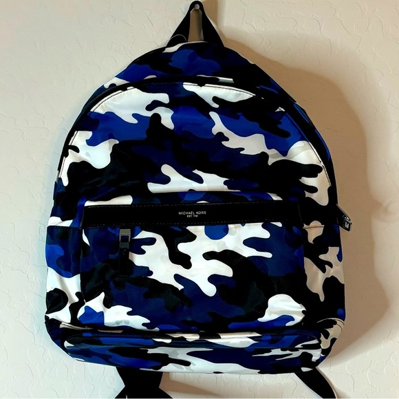 NWT Michael Kors Kent Cobalt White Backpack Army Camouflage Nylon - Picture 1 of 10
